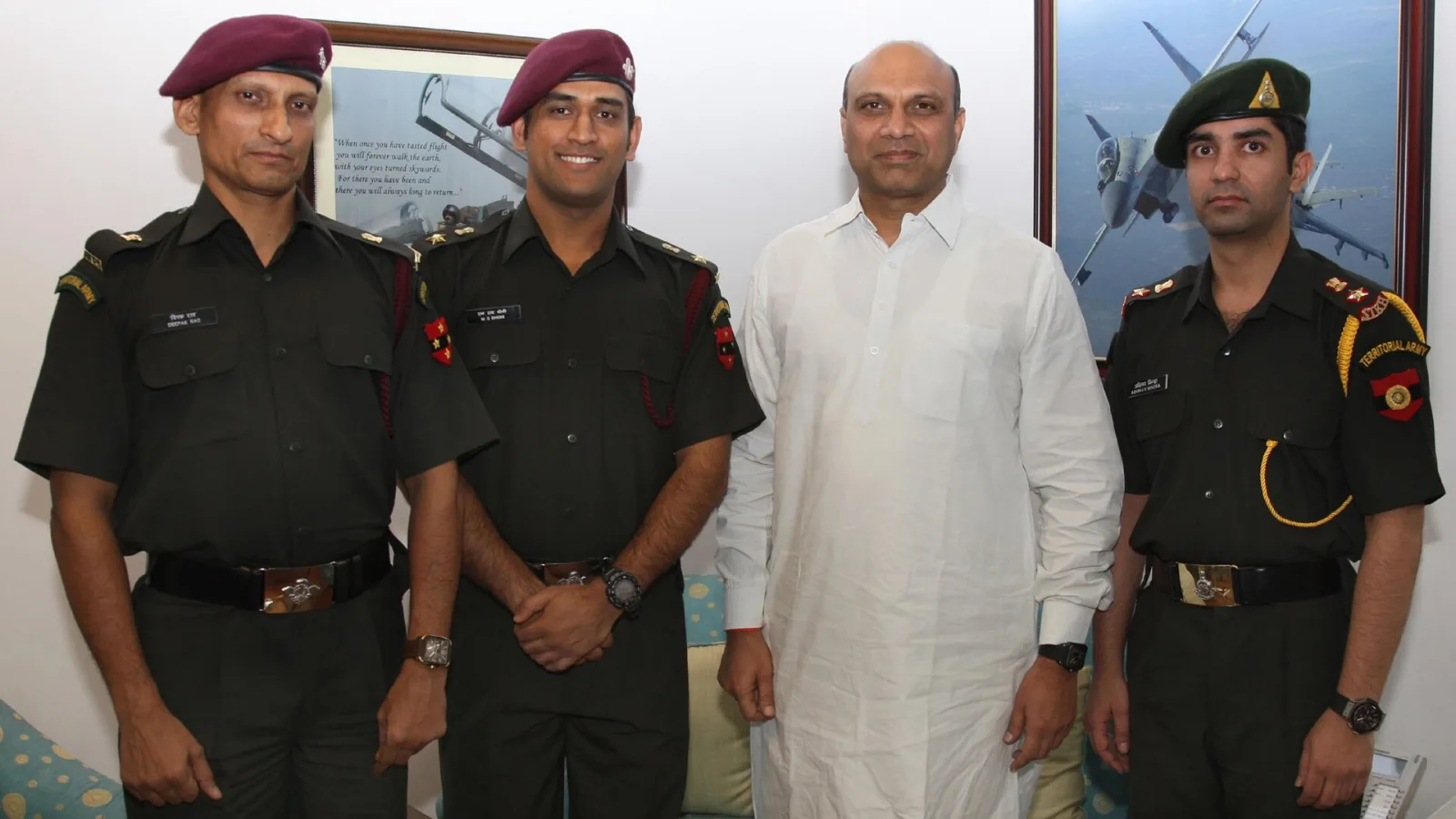 Indian Skipper M.S. Dhoni, Shooter Abhinav Bindra and Dr. Deepak Rao called on the Minister of State for Defence, Dr. M.M. Pallam Raju after granted honorary rank in Territorial Army, at a felicitatio