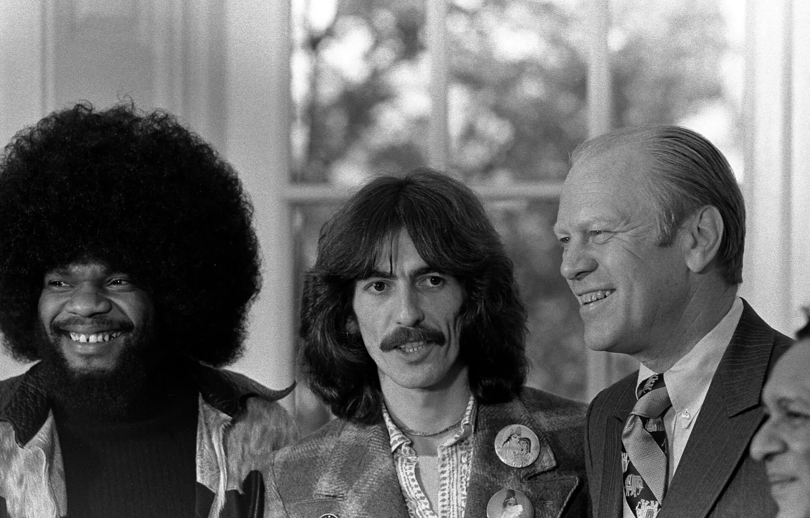 Billy Preston, George Harrison, Gerald Ford, and Ravi Shankar in the Oval Office
