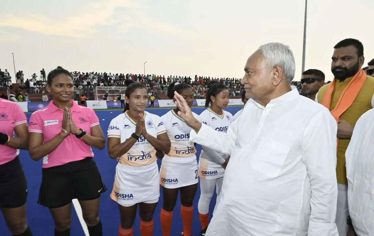 Nitish Kumar and Samrat Chaudhary meeting with various sport persons at Rajgir Sports Complex on 29 August 2024.